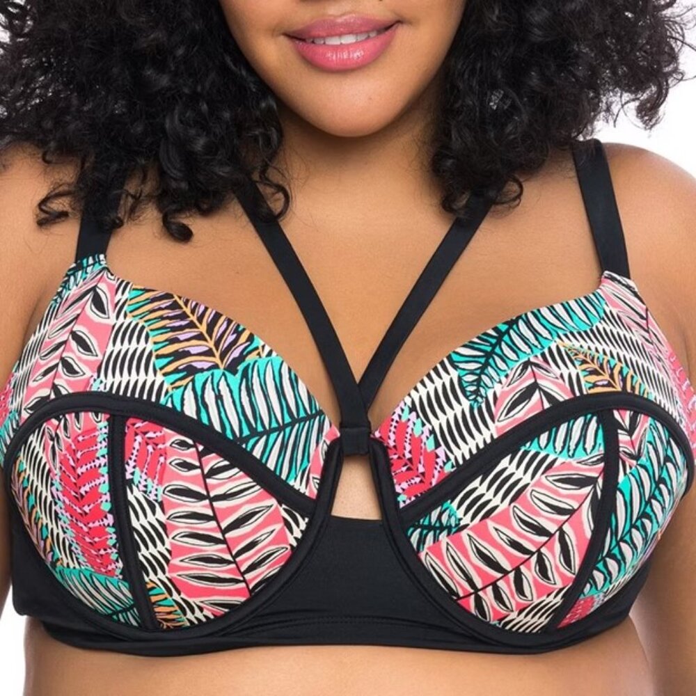Boutique Plus Black Multicolor Tropical Leaf Print Push Up Underwire Swim Top 2X